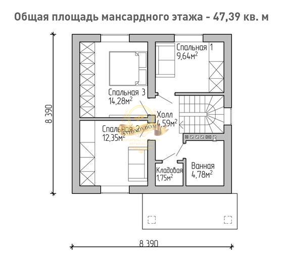Планировка дома из газобетона с мансардой 9,9х8,39