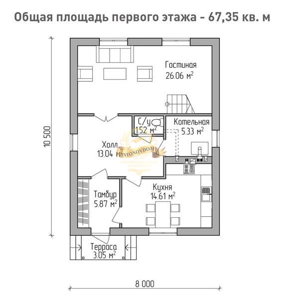 Планировка дома из газобетона с мансардой 10,5х8.