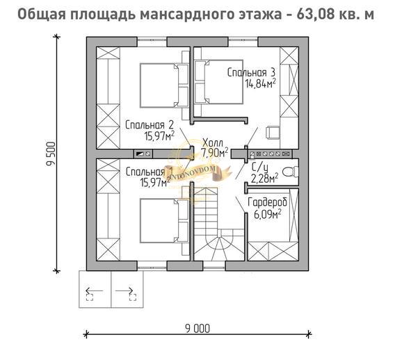 Планировка дома из газобетона с мансардой 9,5х9 м