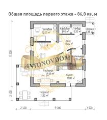 Планировка дома из газобетона с мансардой и верандой.