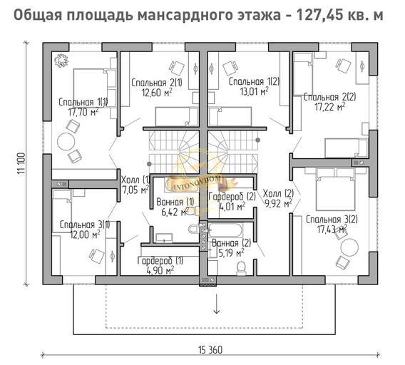 Планировка дома из газобетона с мансардой 13х15