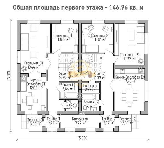Планировка дома из газобетона с мансардой 13х15