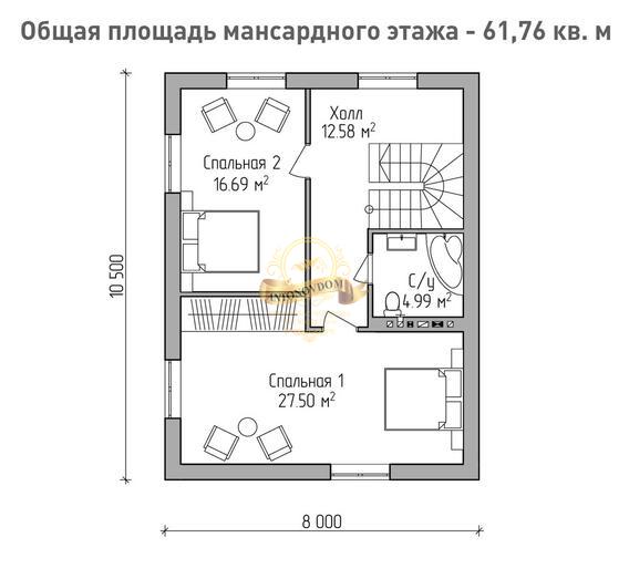 Планировка дома из газобетона с мансардой 10,5х8.