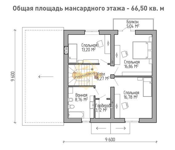 Планировка дома из газобетона с мансардой 9,6х9,6 м.